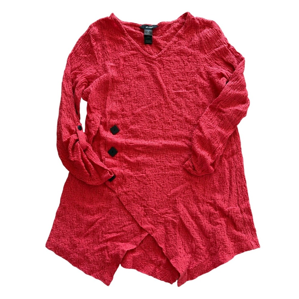 Ali Miles Red Textured Crinkle Knit Tunic V-Neck Button Accent Top Mens M